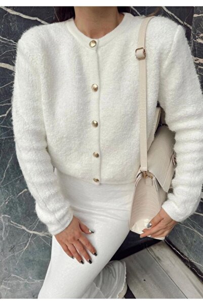 Genel Markalar Kadın Model Ekru Bisiklet Yaka Gold Düğmeli Teddy Hırka