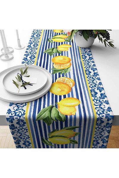 Evmila Blue Gingham Lemon Pattern Velvet Runner