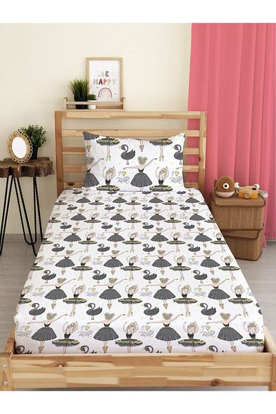 Evmila Ballerina Girl Pattern Printed Single 100x200 Cm Elastic Sheet Set White