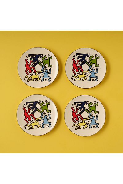 Bella Maison Set of 4 Plates of Cake Keith Haring Coloured Porcelain (19 cm)