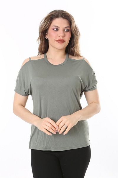 Şans Plus Size Khaki Blouse - Shoulder Low-cut 65N38047