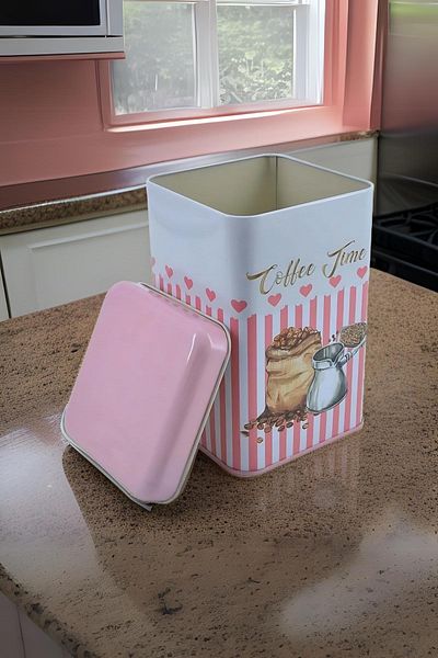 EVLE Ef022-e7 Sprinkles Coffee Time Patterned Square Metal Storage Container 11x11 Cm