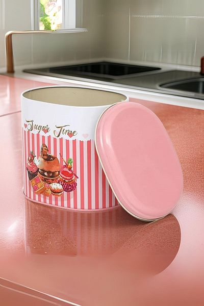 EVLE Ef004-e8 Sprinkles Sugar Time Patterned Oval Metal Storage Container 11x15 Cm