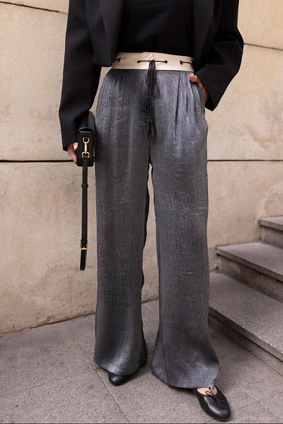 Zey Studio Women's Anthracite High Waist Tassel Detailed Velcro Closure Loose Cut Trousers