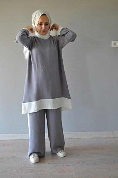 AYSUN AYDEMİR Gray and White Aerobin Kumashli Double Set
