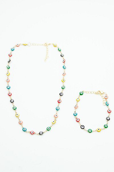 Liveyn Design Colorful Steel Necklace and Bracelet Set with Evil Eye Beads