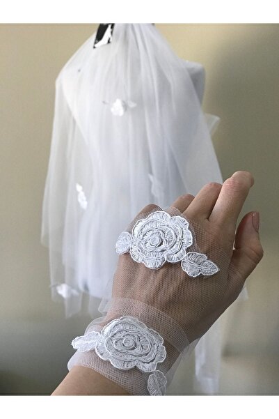 VENÜS MODA by Pınar 2 Layer Veil Rose Motif Veil 85 Cm And Glove Set