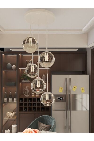 avizade Vega Sarkıt Top Avize Füme Rengi 5’li Glop Camlı, Beyaz Dayanıklı Kasa Modern Şık Tasarım Avize