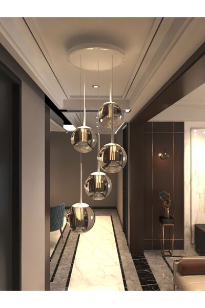 avizade Vega Sarkıt Top Avize Füme Rengi 5’li Glop Camlı, Beyaz Dayanıklı Kasa Modern Şık Tasarım Avize