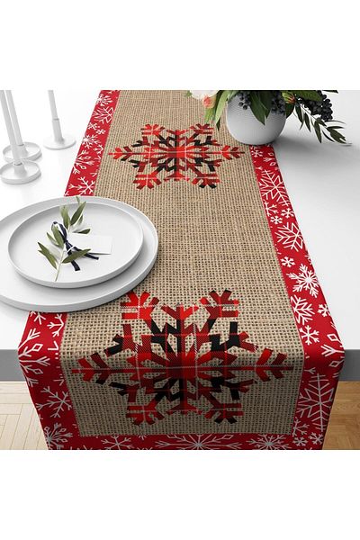 Evmila Christmas Themed Snow Crystal Patterned Velvet Runner