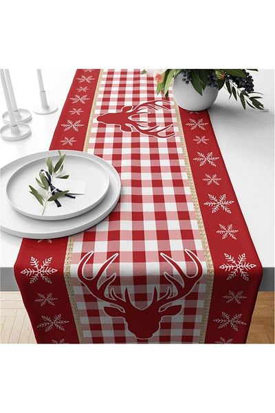 Evmila Christmas Themed Velvet Runner with Deer Pattern