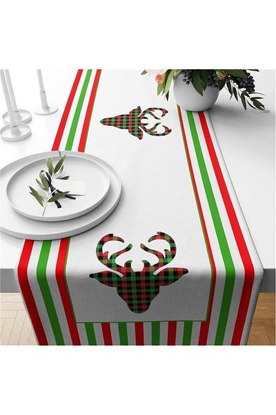 Evmila Christmas Themed Velvet Runner with Deer Pattern