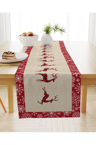 Evmila Christmas Themed Velvet Runner with Deer Pattern