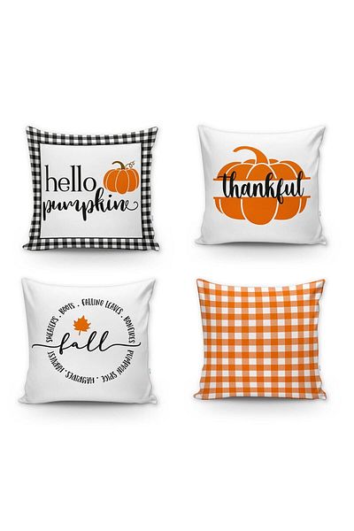 Evmila Gingham alb-negru Hello Pumpkin Orange Gingham Fall Pachet de 4 perne de toamnă