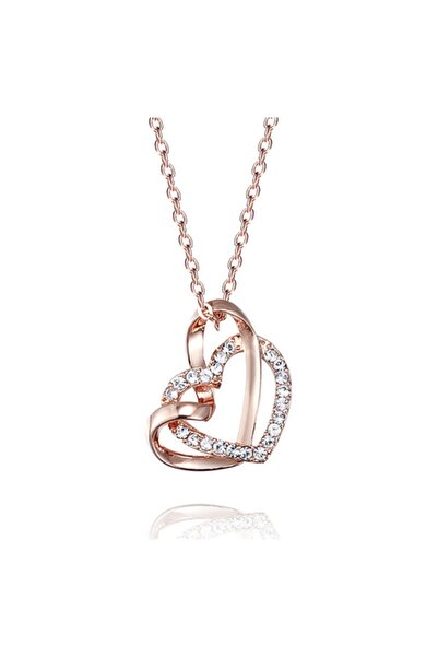 Monemel Kadın Gold Taşlı Çift Kalp Kolye altın Kaplama