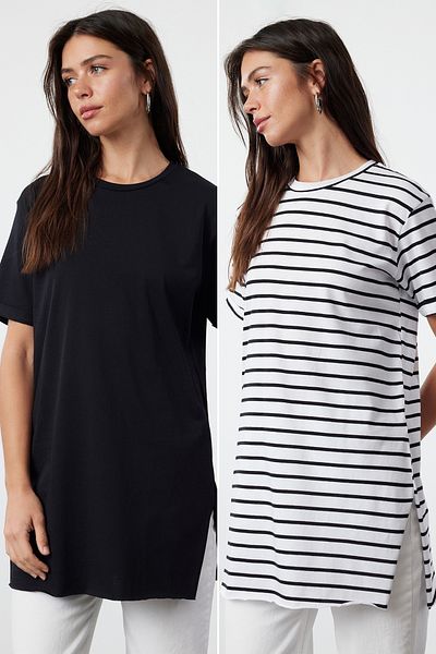 Trendyol Modest Crew Neck Slit Μαύρο και άσπρο Basic T-Shirt Σετ 2 τεμαχίων - TCTSS21UK0009