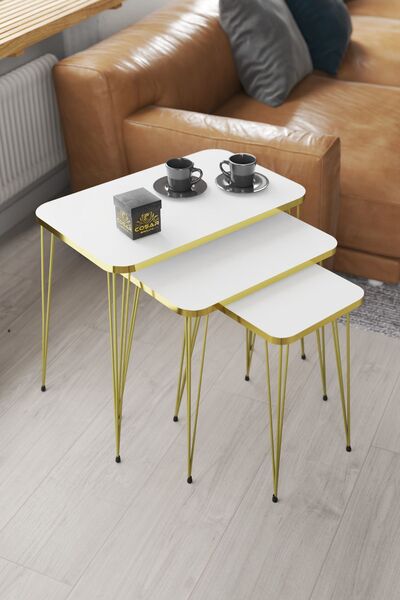 Cosargroup Zigon Sehpa Gold Ayak Gold Kenar Zigon Sehpa Seti 3lü Zigon