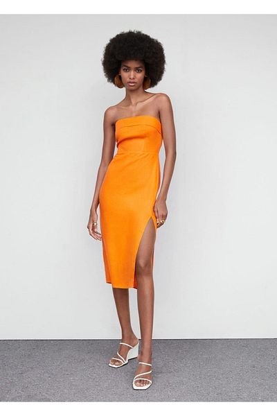MANGO Woman Φόρεμα από λινό στράπλες