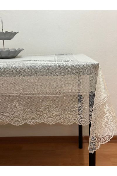 Madame Clean Home Tile Patterned, Carefree, Stain-Proof, Lacy Tablecloth, Cream 160x220 Cm