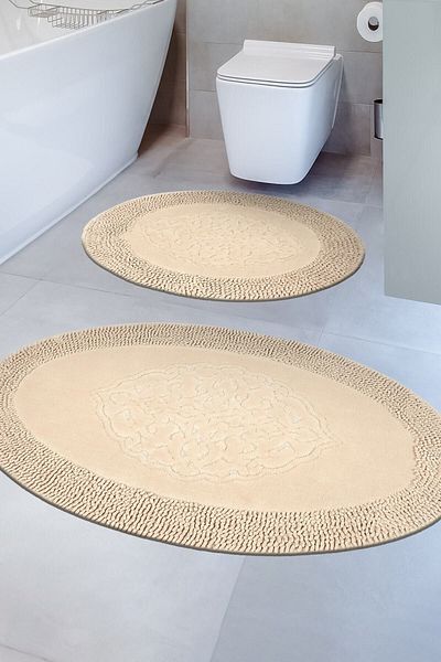 Madame Clean Home Σετ καθισμάτων τουαλέτας Tiffany Oval 2 τεμαχίων από βαμβακερό σετ πατάκι μπάνιου Capuccino