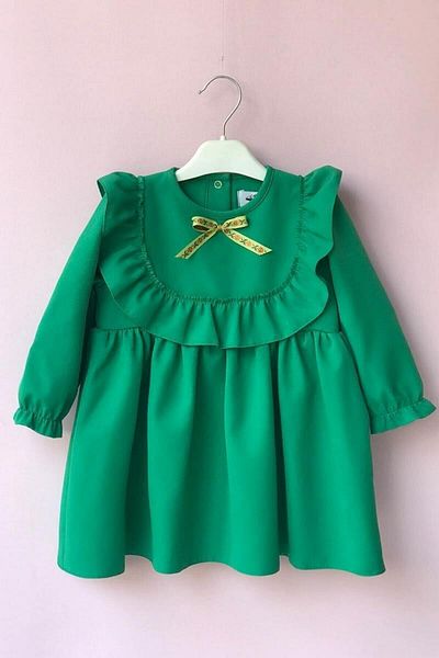 Bertuğ Bebek Rochie de fetiță verde cu design detaliat cu volane și panglică