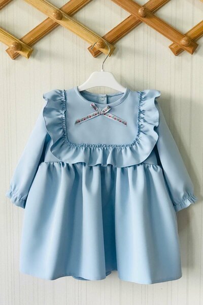 Bertuğ Bebek Fırfır Ve Kurdele Detaylı Tasarım Bebe Mavi Kız Çocuk Bebek Elbise
