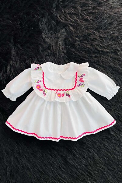 Bertuğ Bebek Nakış Ve Su Taşı Detaylı Beyaz Poplin Pamuklu Kız Çocuk Bebek Mevlüt Elbise