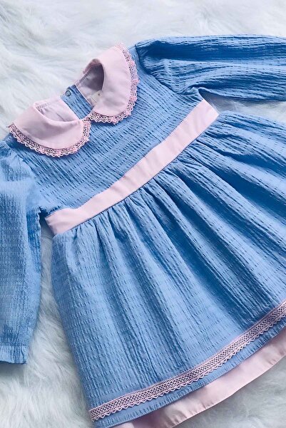 Bertuğ Bebek Blue and Pink Baby Girl's Cotton Dress with Lace and Bow Detail
