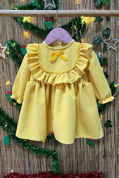 Bertuğ Bebek Yellow Crepe Sun Dress for Baby Girl - Ruffled Birthday Special Dress