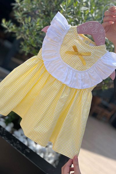 Bertuğ Bebek Yellow Girl's Baby Dress - Gingham with Ruffle and Ribbon Decoration