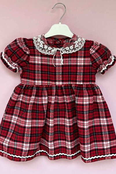 Bertuğ Bebek Baby Collar Water Stone Detailed Plaid Design Girl's Baby Dress