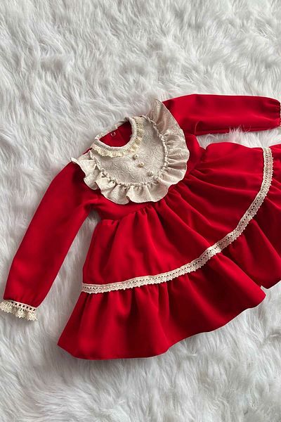 Bertuğ Bebek Special Design Red Evening Dress with Lace and Button Detail Girl's Baby Dress