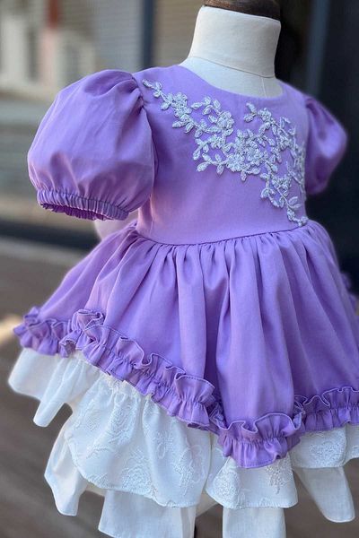 Bertuğ Bebek Rochie de seara pentru fetita din satin de bumbac liliac cu detaliu guipura si volane