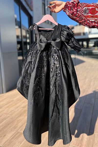 Bertuğ Bebek Single Sleeve Mikado Special Design Lace Embroidered Girl Child Baby Black Avant-garde Evening Dress