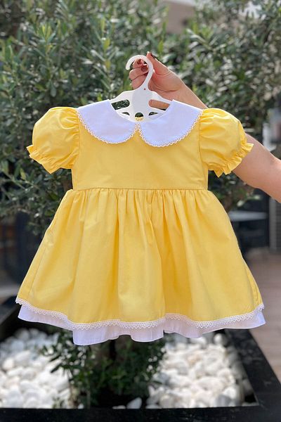 Bertuğ Bebek Yellow Baby Girl Dress with Collar and Lace Detail