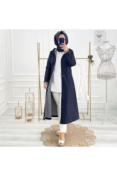 Marjinal City Navy Blue Striped Inside and Self Lined Waterproof Women's Trench Coat