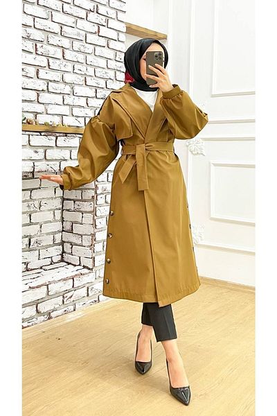 Vibeys Collection Long Flowing and Side Buttoned Balloon Sleeve Women's Trench Coat
