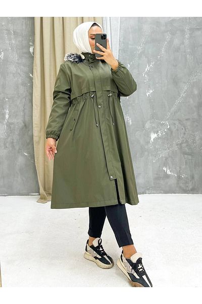 Marjinal City Khaki Fur Lined and Waterproof Large Size Oversize Women's Winter Coat & Coat