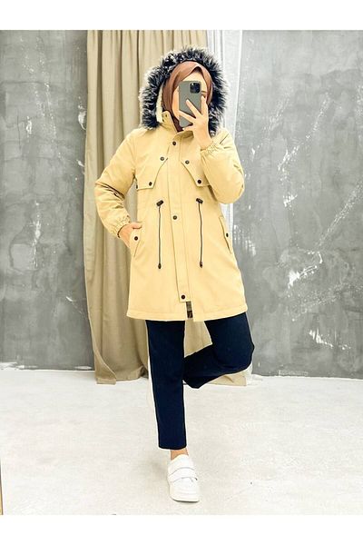 Vibeys Collection Mustard Fur Lined and Waterproof Women's Winter Coat & Coat