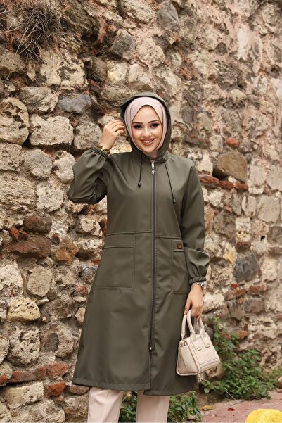 Marjinal City Haki İçi Çizgili Ve Kapüşonlu Su Geçirmez Kadın Trençkot