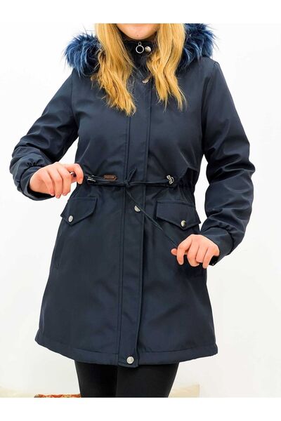 Marjinal City Dámský zimní kabát a kabát s kožíškem v námořnické modré barvě