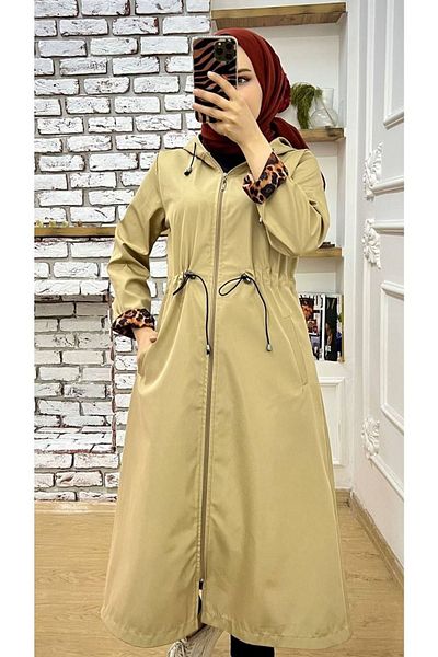 Marjinal City Beige Leopard Patterned and Self Lined Waterproof Women's Trench Coat