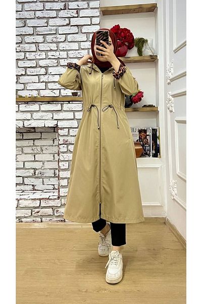 Marjinal City Beige Leopard Patterned and Self Lined Waterproof Women's Trench Coat