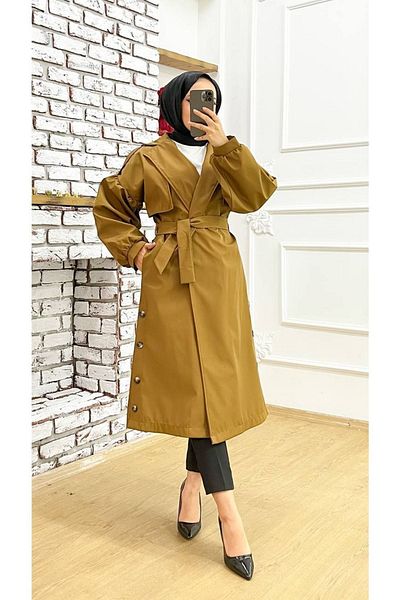 Vibeys Collection Long Flowing and Side Buttoned Balloon Sleeve Women's Trench Coat