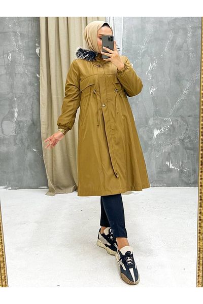 Vibeys Collection Γυναικείο χειμωνιάτικο παλτό & παλτό μεγάλου μεγέθους Tan Furry And Waterproof