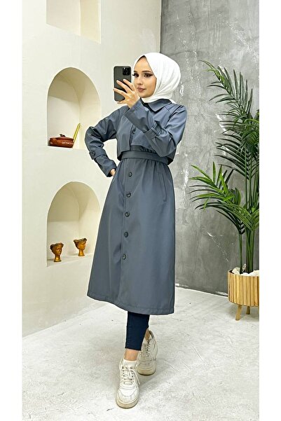 Vibeys Collection Gri Içi Astarlı Ve Düğme Detaylı Kadın Trençkot