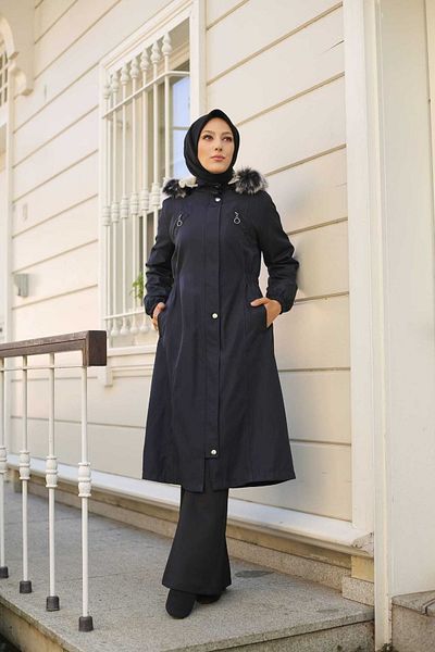 Marjinal City Γυναικείο χειμωνιάτικο παλτό Navy Blue με γούνα και αδιάβροχο