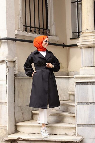 Vibeys Moda Μαύρη ριγέ μπαλόνι μανίκι γυναικεία καμπαρντίνα