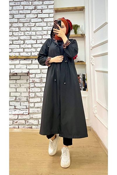Marjinal City Black Leopard Patterned and Self Lined Waterproof Women's Trench Coat