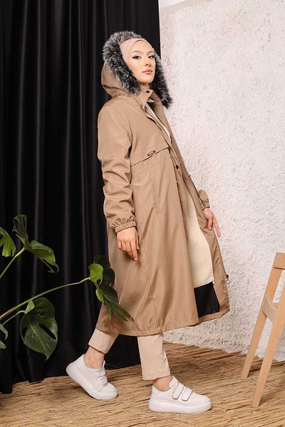 Marjinal City Beige Fur Lined and Waterproof Large Size Oversize Women's Winter Coat & Coat